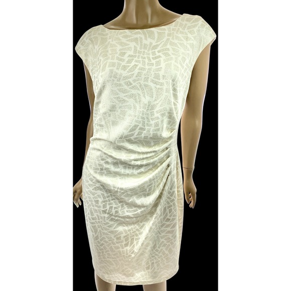 AK Anne Klein Sheath Dress Ivory/Gold Cap Sleeve Size L Pleats on One Side NWT - Picture 1 of 8